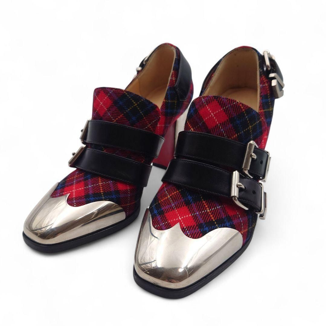 Christian Louboutin クリスチャンルブタン パンプス レッド 22cm チェック柄 超 靴 パンプス ハイヒール メタルパーツ 品キャンバス レディース 赤×黒