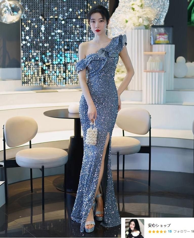 お花のデザインが美しい スパンコールのワンショルロングドレス