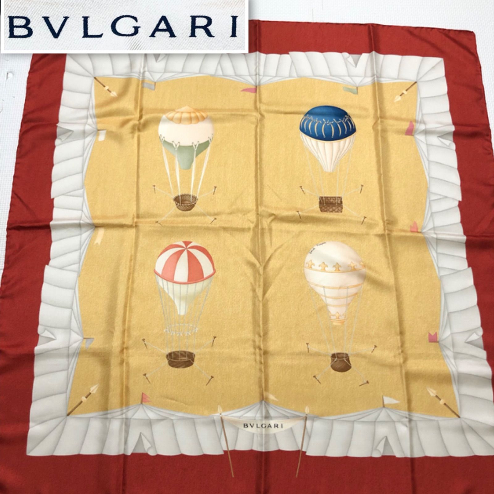 □美品□BVLGARI ブルガリ 大判スカーフ 気球 総柄 86×86cm 黄土色