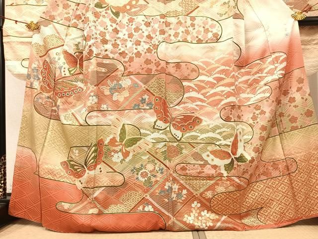 豪華振袖　駒刺繍　流水舞鳥文　暈し染め　金彩　着丈168cm　正絹　逸品 平和屋着物▽豪華振袖 駒刺繍 舞蝶文 暈し染め 金彩 正絹 逸品