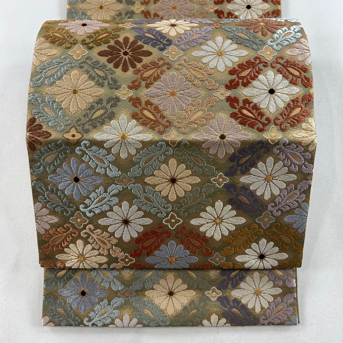 袋帯 美品 名品 花菱 唐草 唐織 箔 灰緑 六通 正絹 【中古