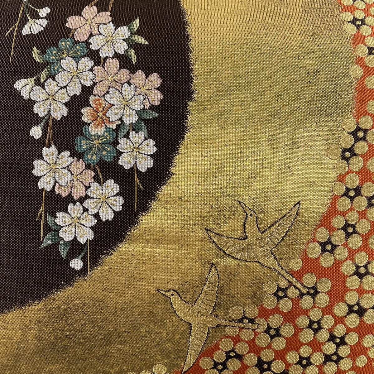 【美品】袋帯　明綴れ織　花唐草　金糸　お太鼓柄 袋帯 秀品 草花 鳥 金糸 薄茶色 お太鼓柄 正絹 中古 袋帯 秀品 お太鼓