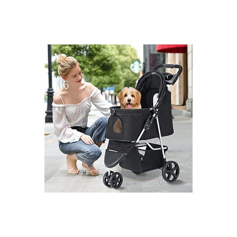 wangmao ペットカート 折りたたみ 3輪 犬用ベビーカー 猫犬兼用 多頭用 前輪360°回転 後輪ブレーキ付 組み立て簡単 介護用 ペットバギー 耐荷重15kg ブラック レインカバー 0 STEELWINDOWSANDDOORS_COM