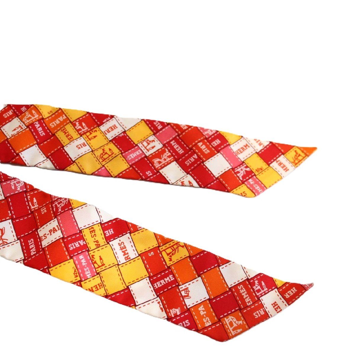 HERMES エルメス ツイリー ボルデュック チェック シルク100％ レッド