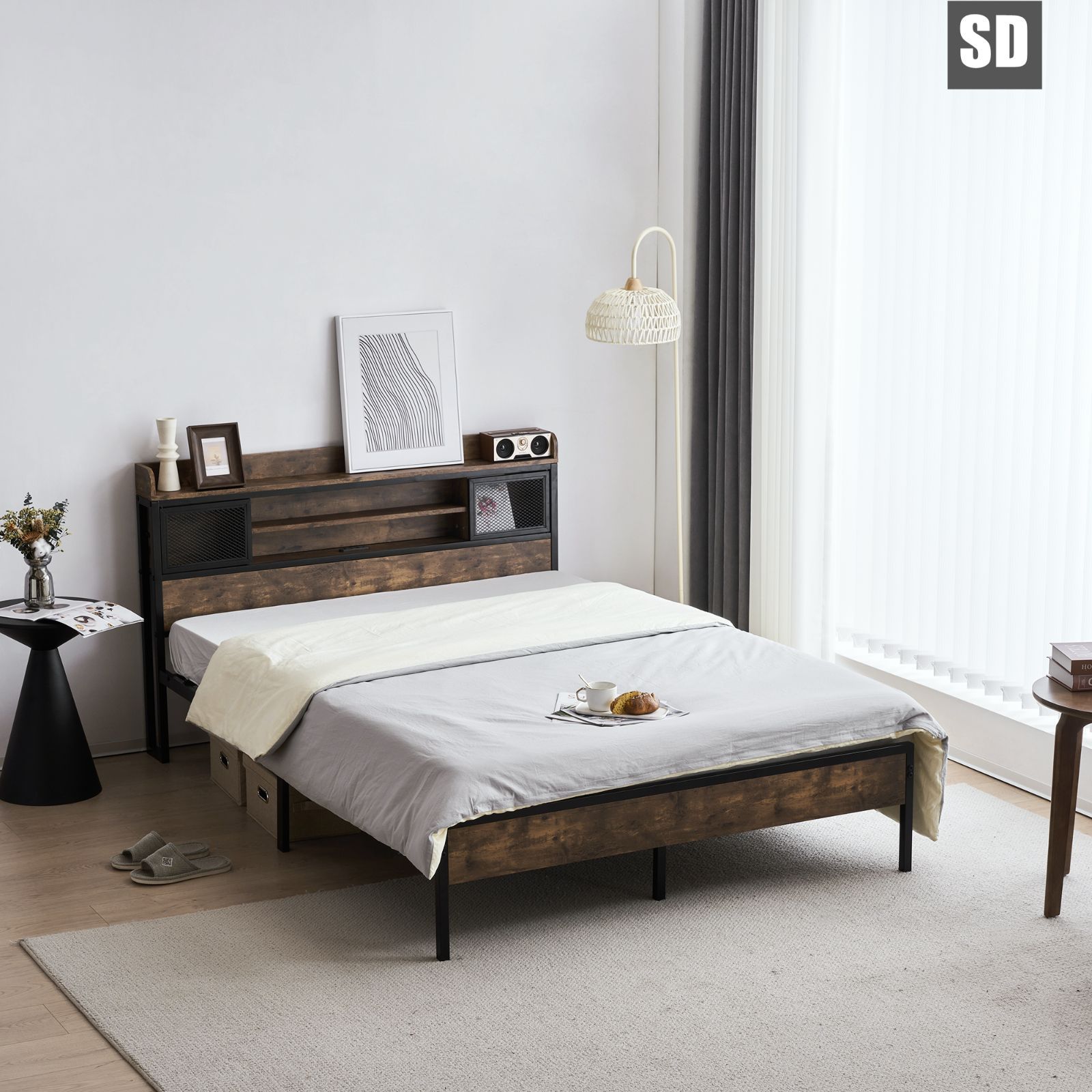 「即購入可」Homebliss SD ベッドフレーム セミダブル セミダブルベッド パイプベッド コンセント付き 宮付き 木 コンセント ベッド 木製 下収納 スチール おしゃれ ヴィンテージ風  北欧風 【SD