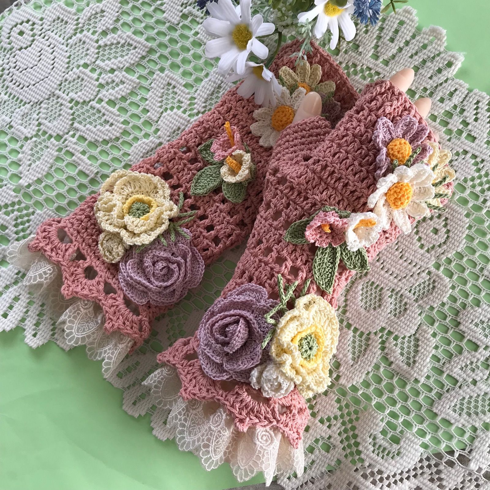 ハンドメイド レース編み　ハンドウォーマー 夏用　お花　母の日