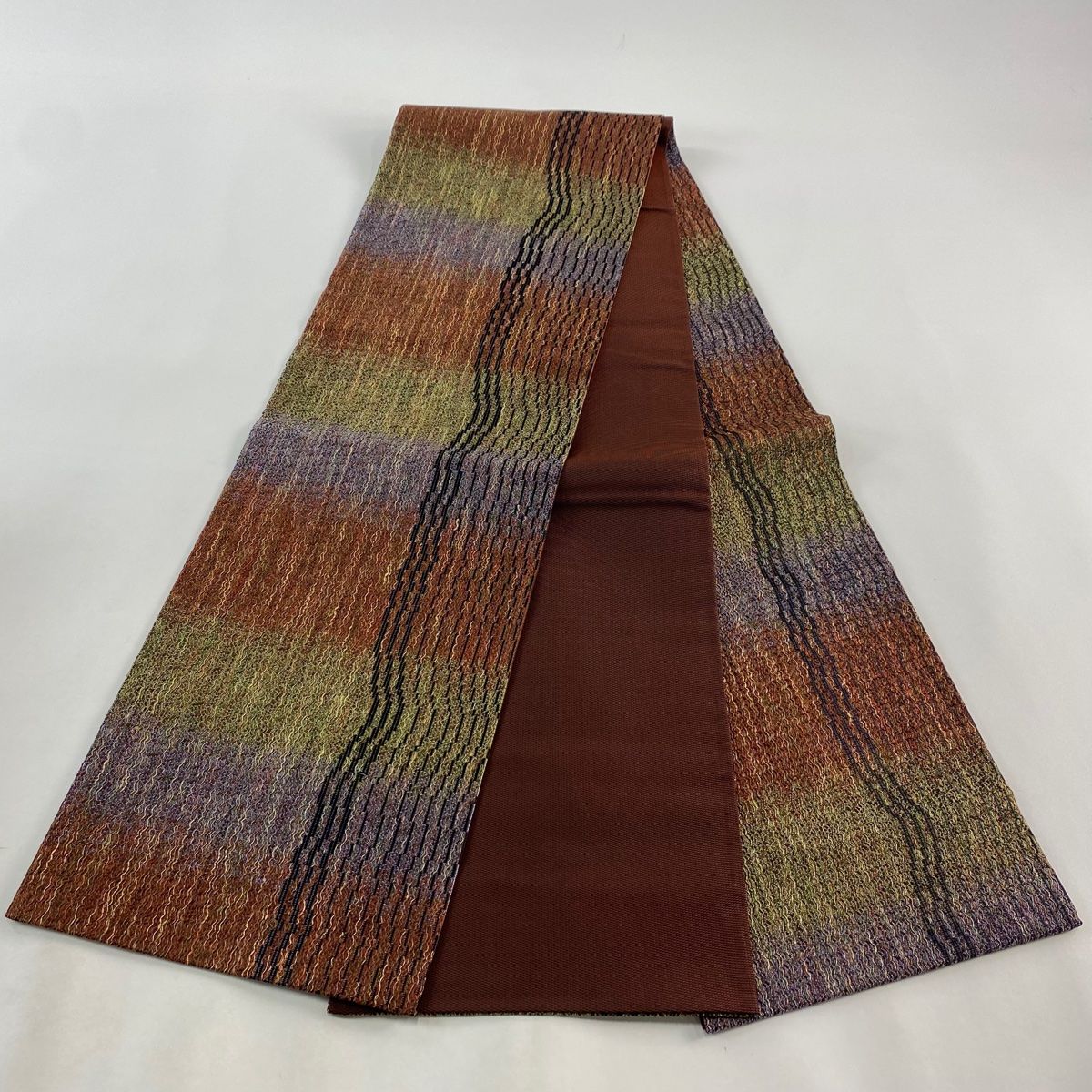袋帯 美品 秀品 やまと 霞 幾何学模様 赤茶 全通 正絹 【中古