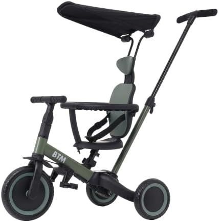 BTM 子供用三輪車 5in1 自転車 オリジナル 押し棒付き 安全バー付き キックボード カップホルダー ベル バッグ付き サンシェード付き