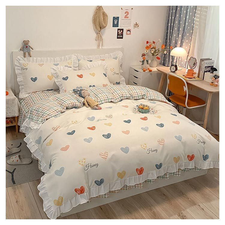 送料無料】寝具カバーセット ハート柄 3点セット シングル フリル 姫系