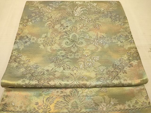 平和屋着物◎六通柄袋帯 洋花文 銀糸 正絹 逸品 AABA0522tn 平和屋着物◎六通柄袋帯 洋花文 銀糸 正絹 逸品 AABA0522tn