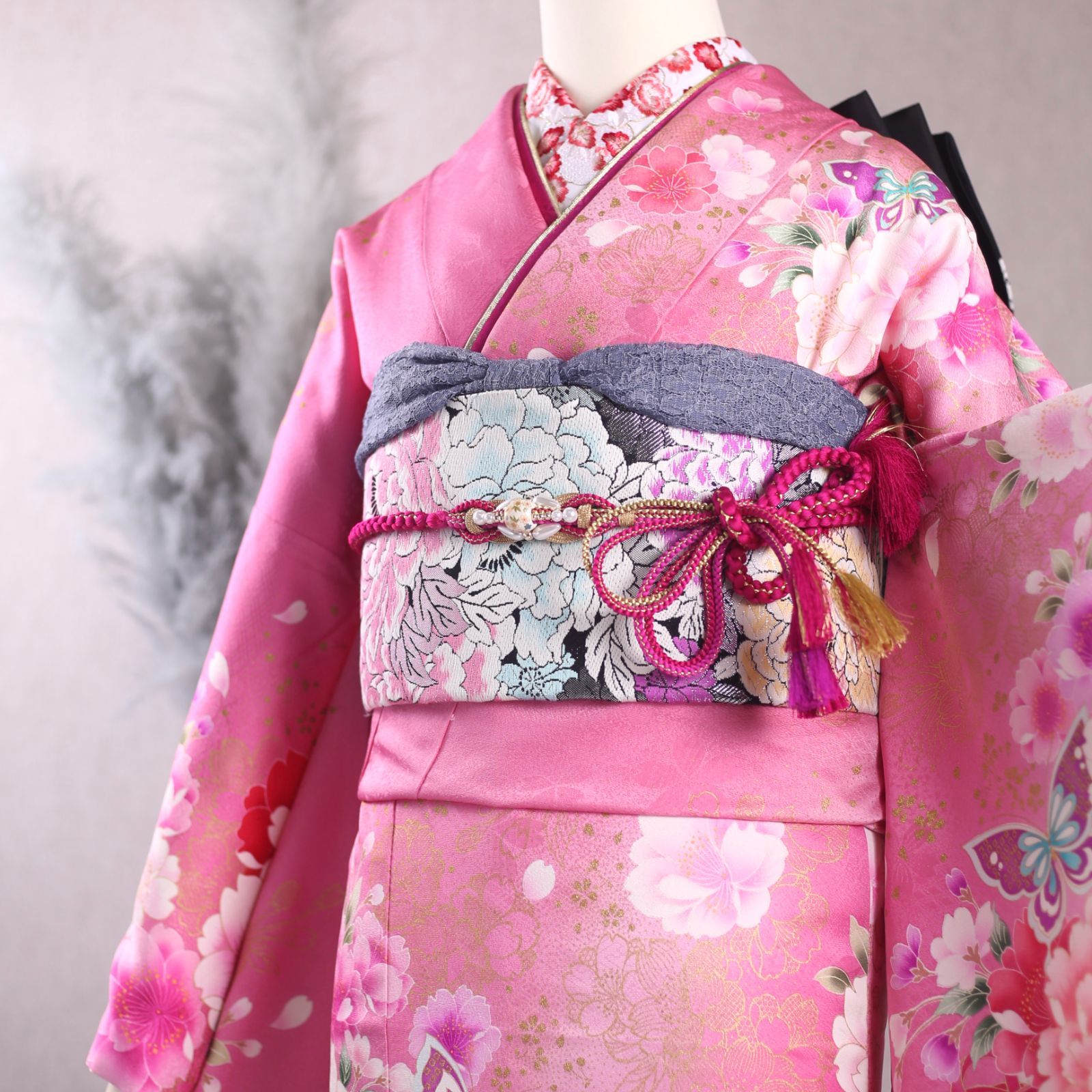 振袖フルセット 振袖セット 振袖 Mワイドサイズ 中古 ピンク×蝶 美品 
