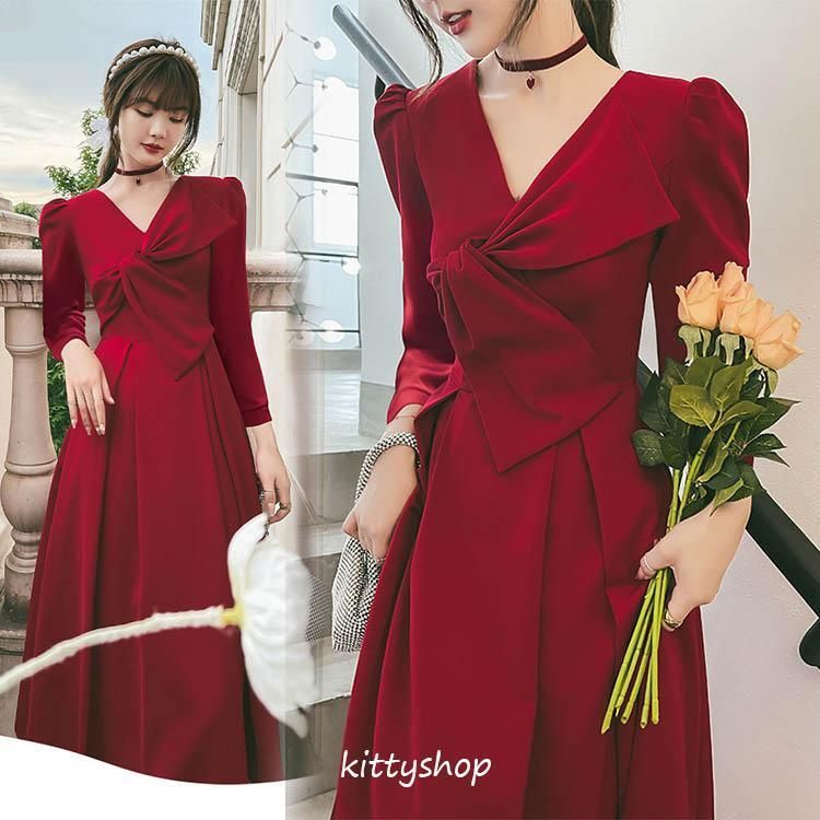 二次会ドレス お呼ばれドレス レッド 赤ドレス ワイン赤 パーティードレス ドレス 結婚式ドレス キレイめ 長袖ドレス 20代 30代 パフスリーブ