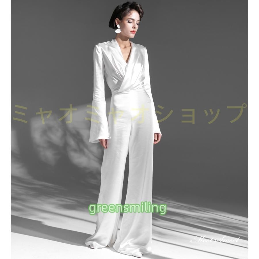 ウェディングドレス ウエディングドレス ロングドレス 二次会 結婚式 前撮り ブライダル 花嫁 パンツドレス 長袖 Vネック スーツ風 パーテWP数量 価格926