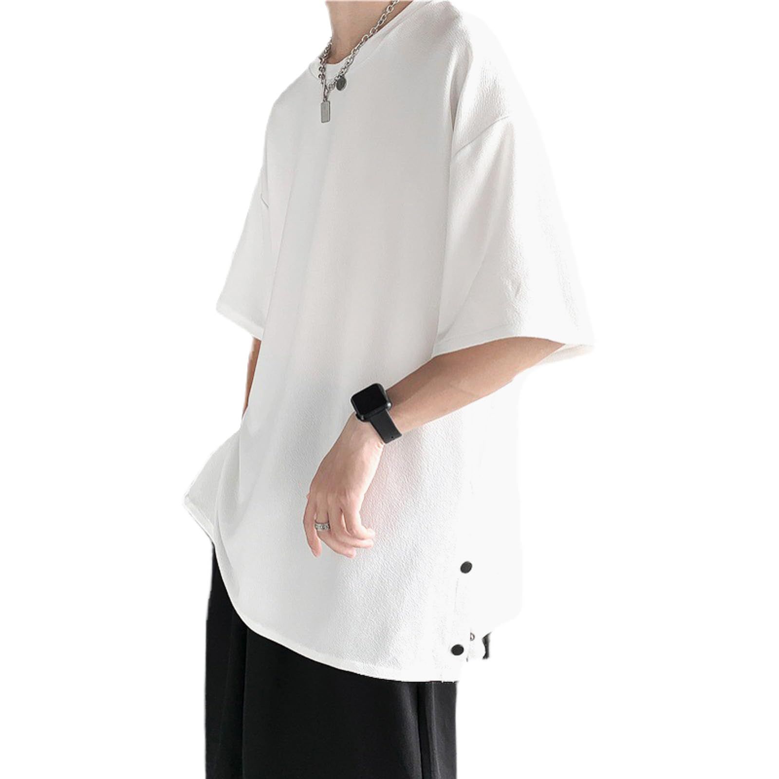 Tシャツ メンズ スリット 半袖 春夏 薄手 大きいサイズ ゆったり カジュアル シンプル 無地 (M， ホワイト) [ホワイト] [M]