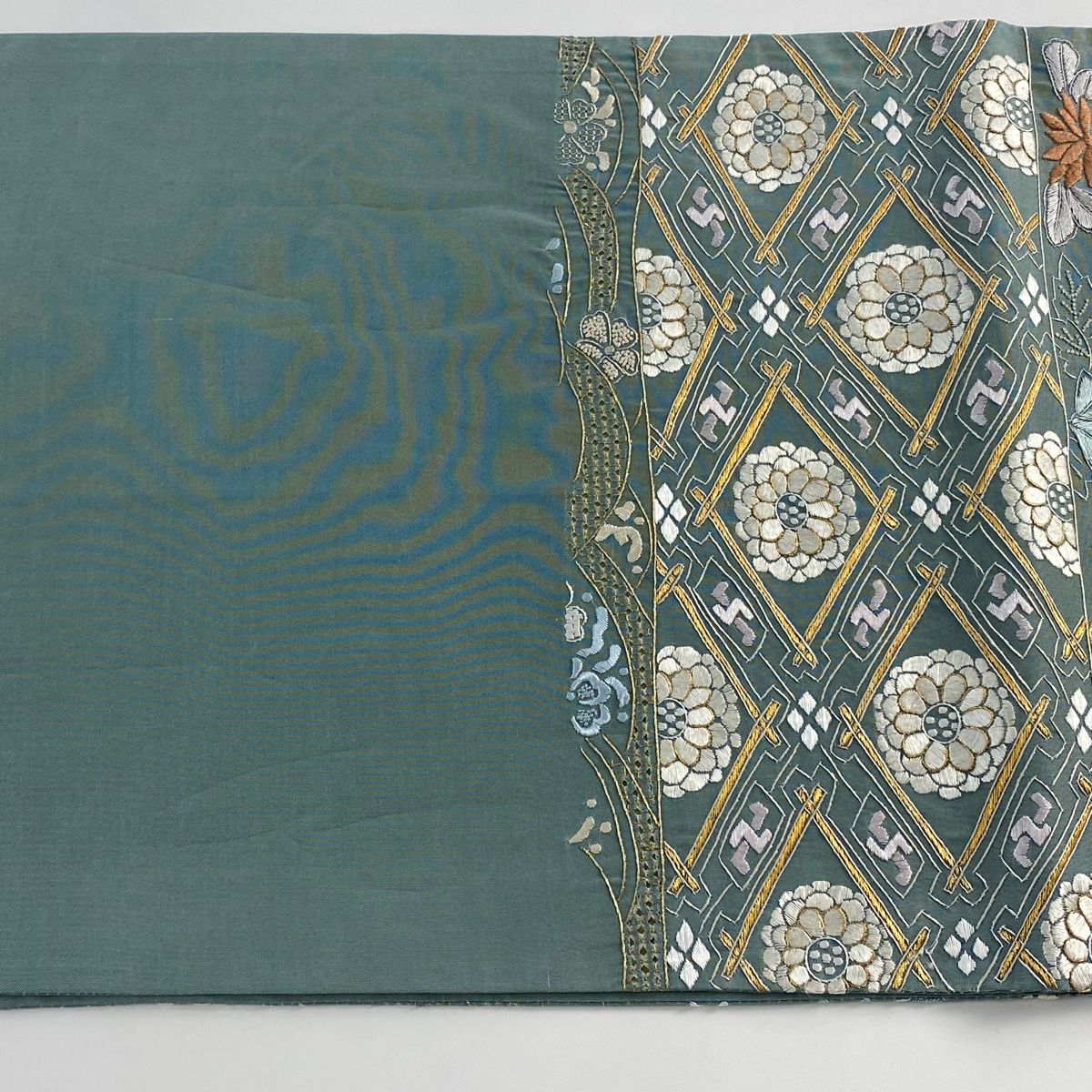 袋帯 美品 逸品 尾長鳥 草花 金糸 刺繍 灰緑 六通 正絹 【中古