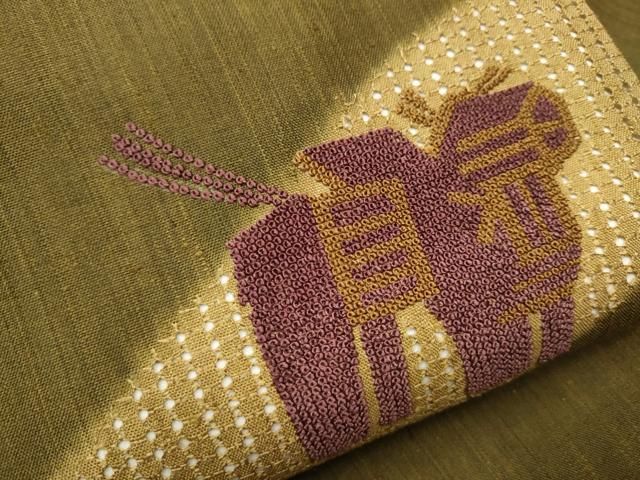 平和屋着物○中国三大刺繍 スワトウ相良刺繍 総刺繍 九寸名古屋帯 紬地