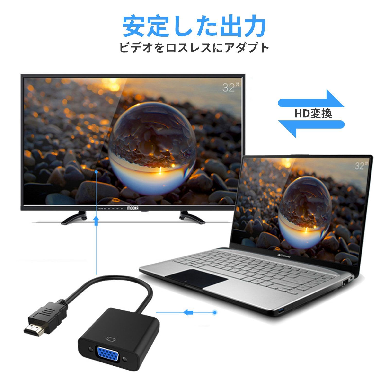 HDMI → VGA 変換アダプタ 変換ケーブル HDMI → VGA (D-Sub 15pin) 変換アダプタ HD パソコン TV コンバータ（ブラック）
