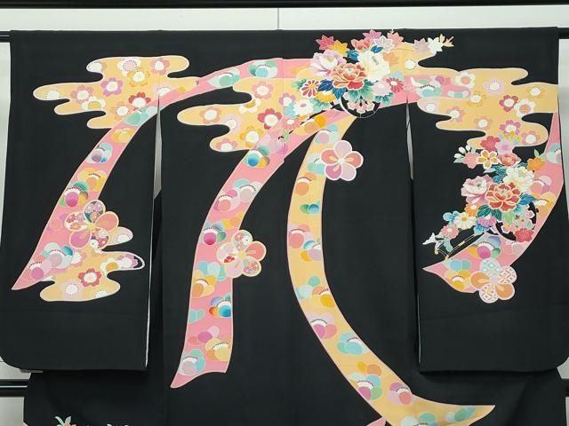  平和屋着物 上 七五三 女の子 7歳 祝着 友禅 エ霞花車文 黒地 金彩 s 5 着物 着物ドレス 着物 浴衣 和小物