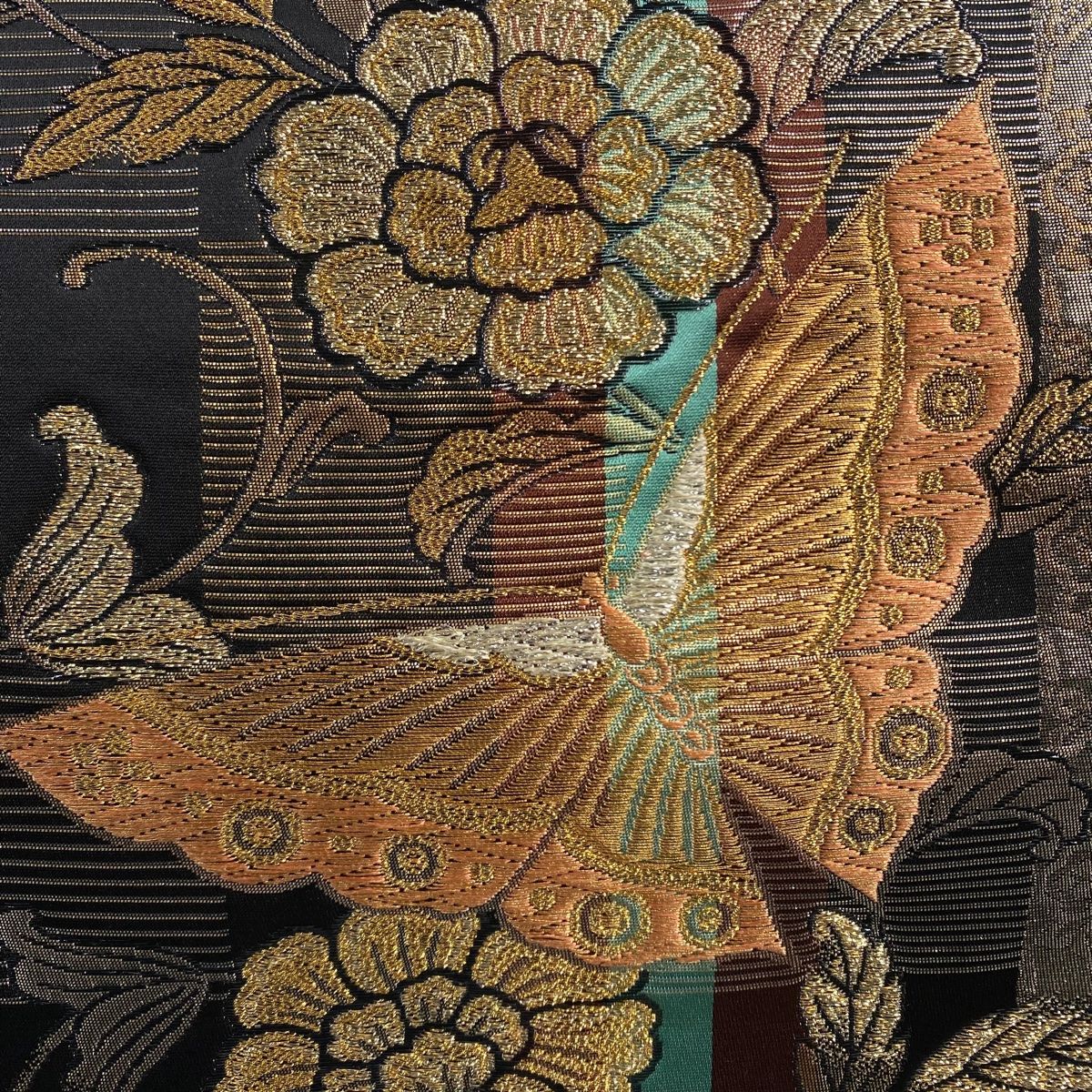 袋帯 美品 秀品 振袖向き 蝶 花唐草 箔 金糸 黒 六通 正絹 袋帯 美品 秀品 振袖向き 蝶 花唐草 箔 金糸 黒 六通 正絹