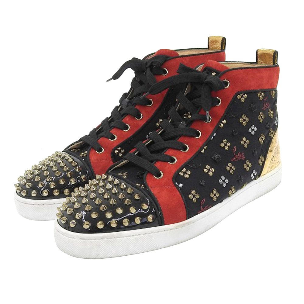 Christian Louboutin クリスチャンルブタン 美品 Christian Louboutin クリスチャンルブタン LOU SPIKES ORLATO 刺繍 スニーカー シューズ メンズ ブラック×レッド×ゴールド 42 1/2 42.5