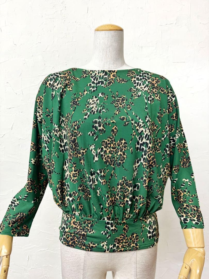 S-Mサイズ JOAN 社交ダンス 緑色 ヒョウ柄ドルマン袖トップスs 047
