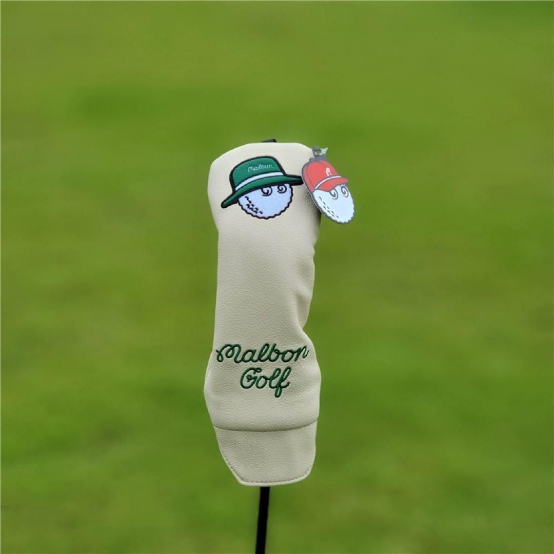新品】マルボン ヘットカバー 5点セット☆Malbonゴルフ☆ベージュ×緑帽 
