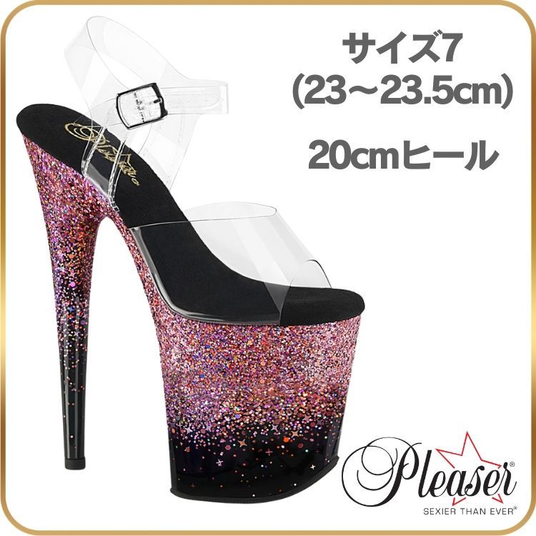 23 23.5 cm 20cm ヒール 厚底 キャバ サンダル Pleaser プリーザー ハイヒール ピンヒール ポールダンス アンクル ストラップ アンクル ストラップ ホログラム クリア 黒 ブラック ピンク グリッター FLAM808SS|C|B-PG
