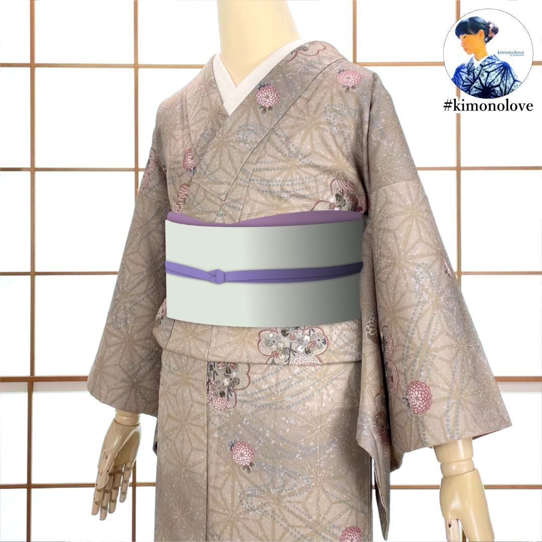 洗える着物 小紋 袷 東レシルック 麻の葉 四季草花 グレージュ 日本製 着物 kimonolove 【リユース品 オゾン消臭サービス】 A-1465