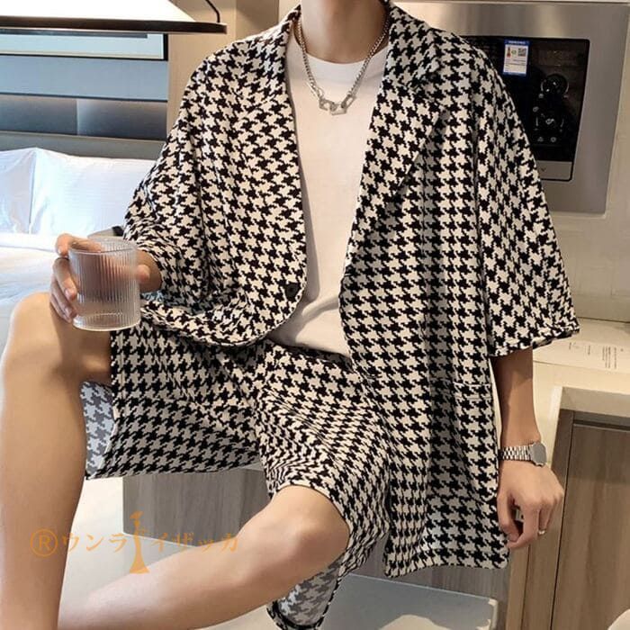 セットアップ メンズ 千鳥格子 半袖ジャケット ハーフパンツ 夏
