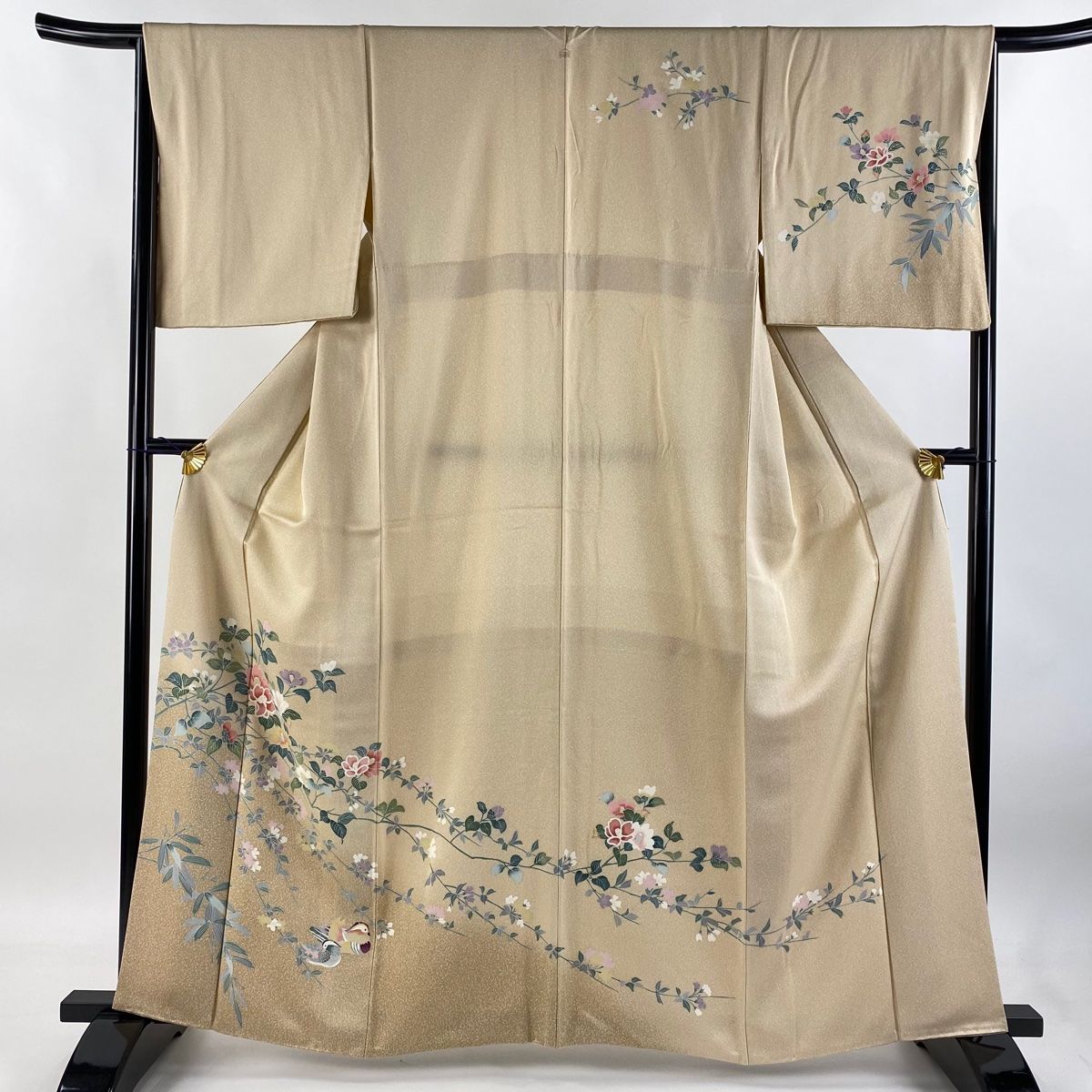 訪問着 身丈162.5cm 裄丈66cm M 袷 椿 鴛鴦 ぼかし 薄茶色 正絹 秀品 一つ紋