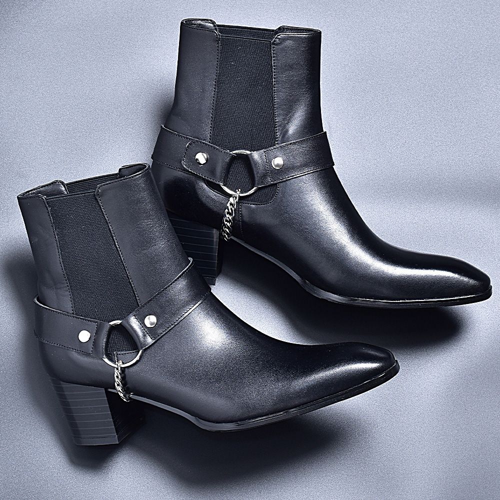 ♥ チェーンブーツ 3E エンデバイス ヒールブーツ サイドゴアブーツ メンズブーツ リング レザー 厚底 モード系 デザインブーツ 上品 ポインテッドトゥ ヒール ヒールアップブーツ クール 秋冬 シンプル ブラック 黒 ELB660-2-S