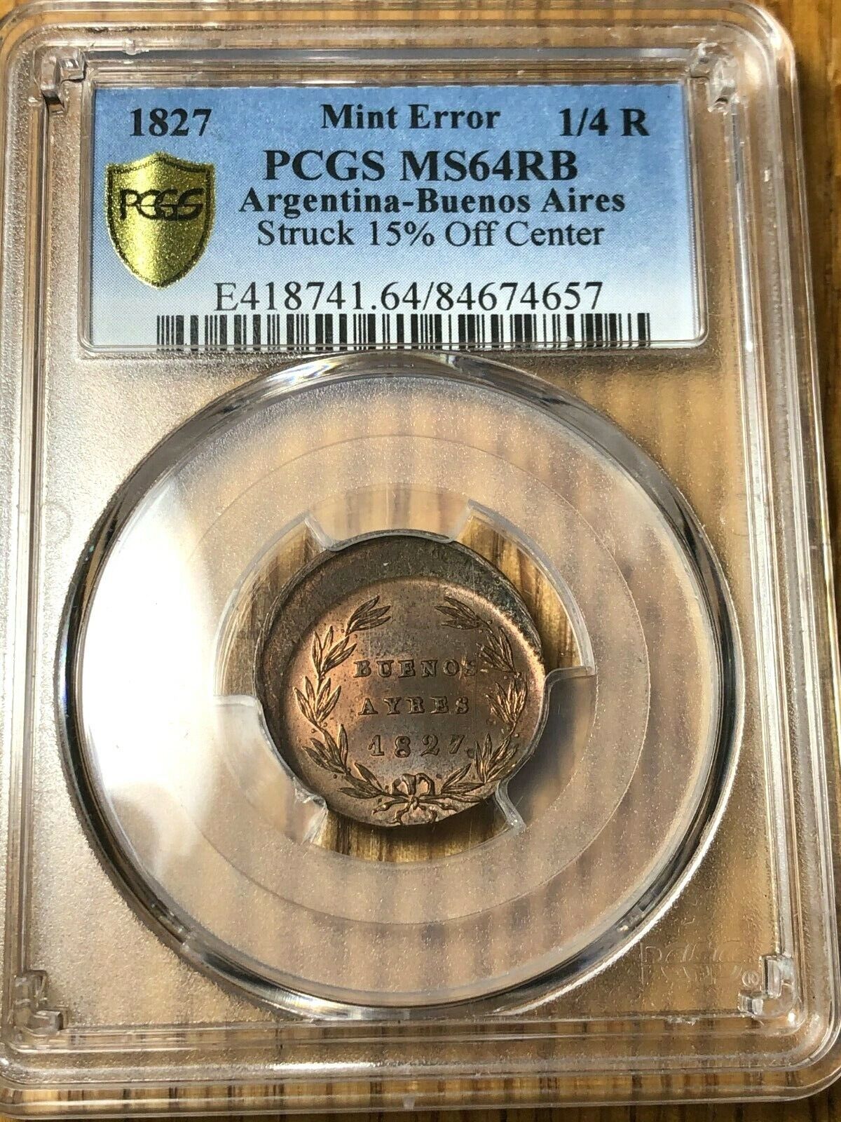 1827 Argentina 1|4 real PCGS MS 64 RB mint error 15% off center silver ngc