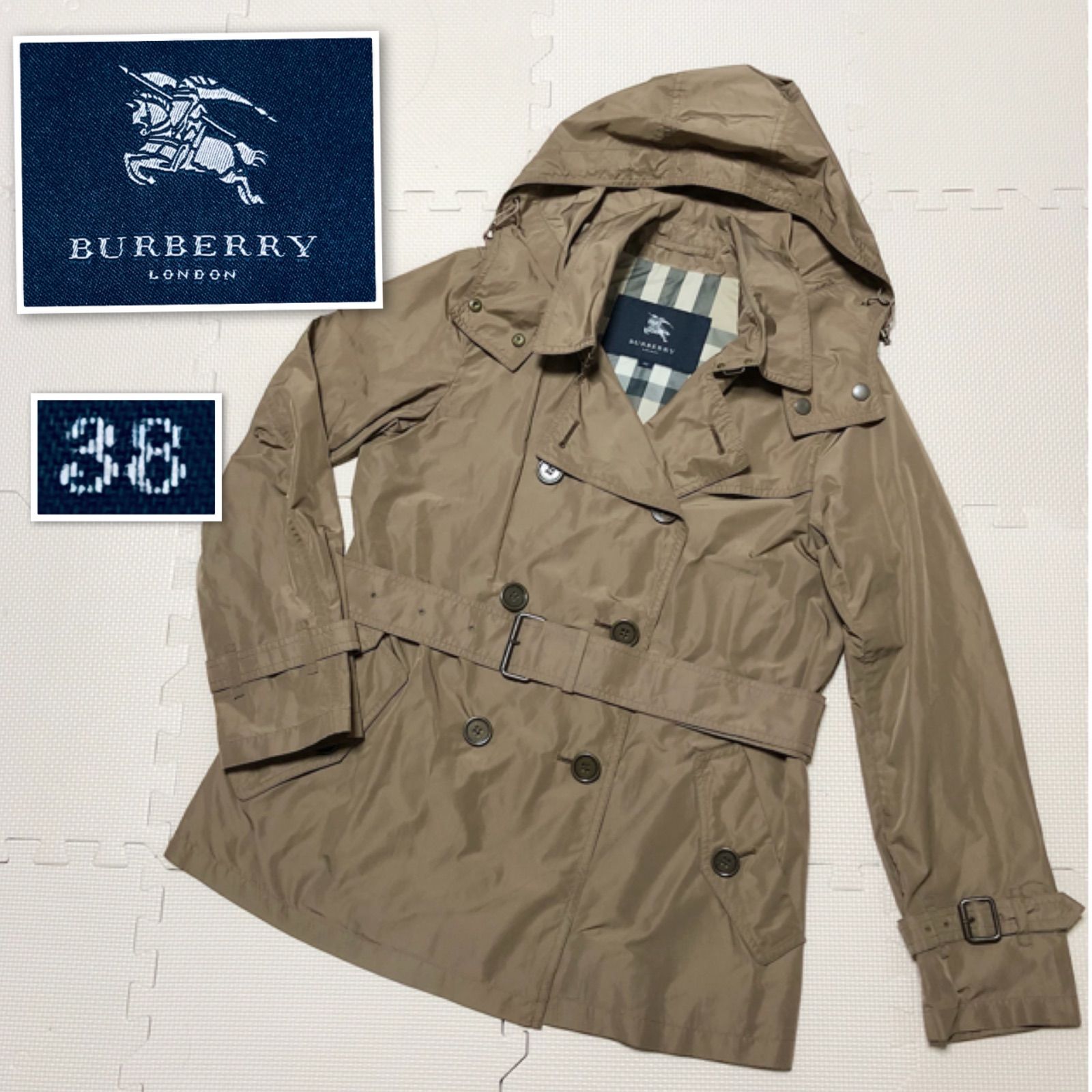 □良品□希少□BURBERRY LONDON バーバリーロンドン フード付きショートトレンチコート スプリングコート ダブル ベルト付き  ベージュ×裏地メガチェック ノバチェック size38(M) 三陽商会 ロゴボタン ポリエステル100% レディース - メルカリ