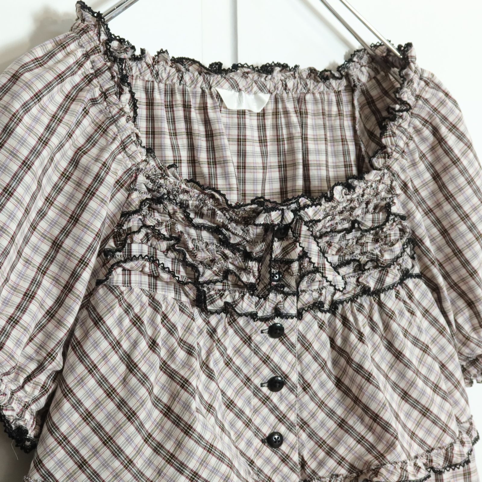 美品　ピンクハウス　チュールブラウス　トップス　ピコフリル　段々フリル　リボン 美品ピンクハウスチュールブラウストップスピコフリル段々フリルリボン