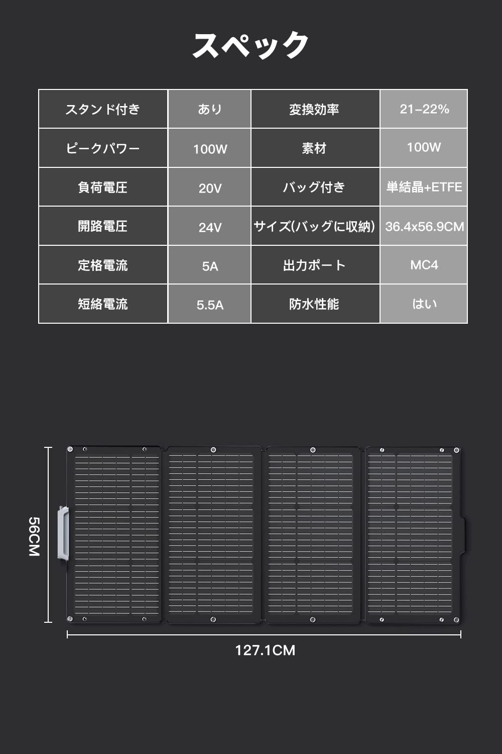 折り畳み式 ETFE 100W 素材 ソーラーパネル充電器 単結晶太陽光発電 高効率ソーラーパネル搭載 Litheli MC4ケーブル付き