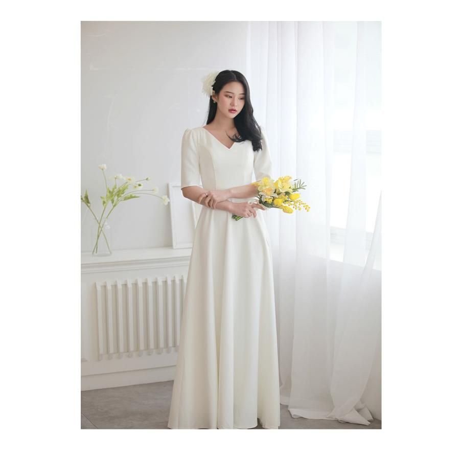 ウェディングドレス ロングドレス 二次会 半袖 Vネック サテン 結婚式 前撮り ワンピース シンプル 編み上げ 白 ブライダル 花嫁 ウエディxz