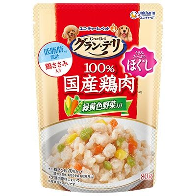 【同梱不可】【120個セット】ユニ・チャーム グラン･デリ 国産鶏ささみパウチほぐし成犬用緑黄色野菜入り 80g