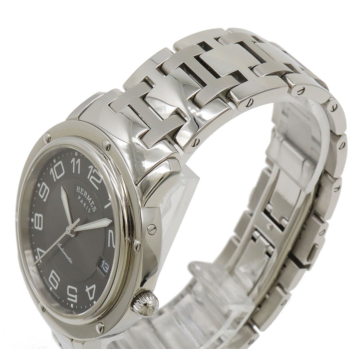 HERMES エルメス クリッパークラシック デイト グレー文字盤 SS メンズ  