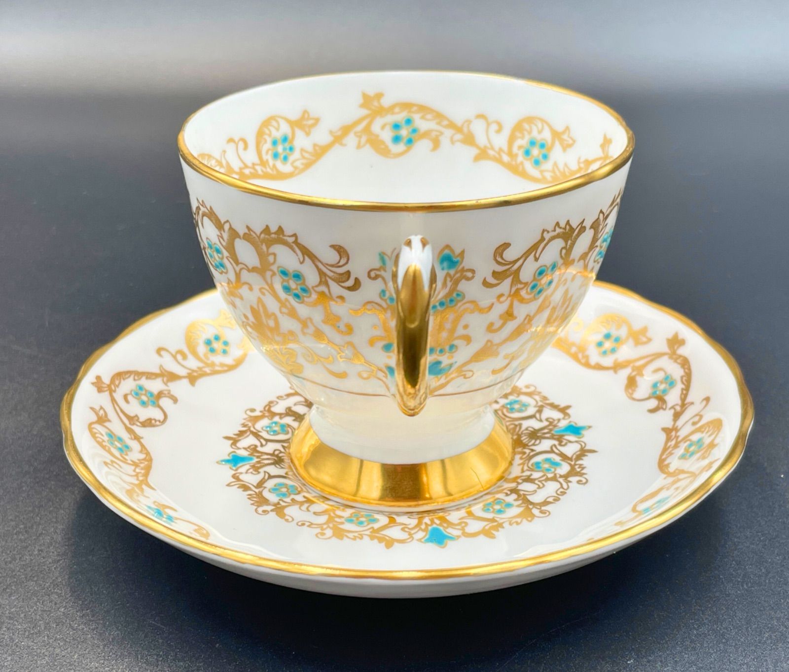 タスカン　プラント　アンティーク 　エナメル　フルーツ絵　デミタス 希少】Tuscan（タスカン） 金彩＆ターコイズブルー エナメル 英国