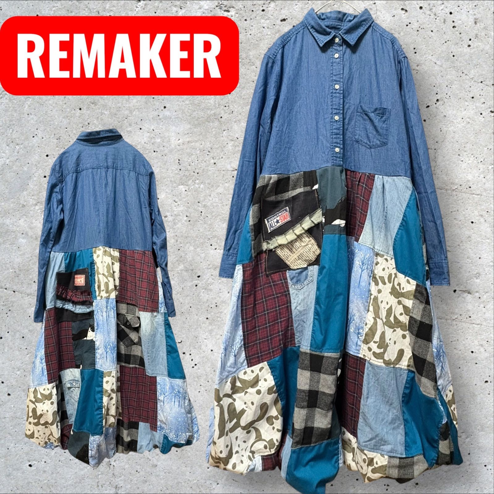 Ｌ 古着リメイク デニムシャツワンピース パッチワークバルーンスカート ボリューム パンダ チェック 猫