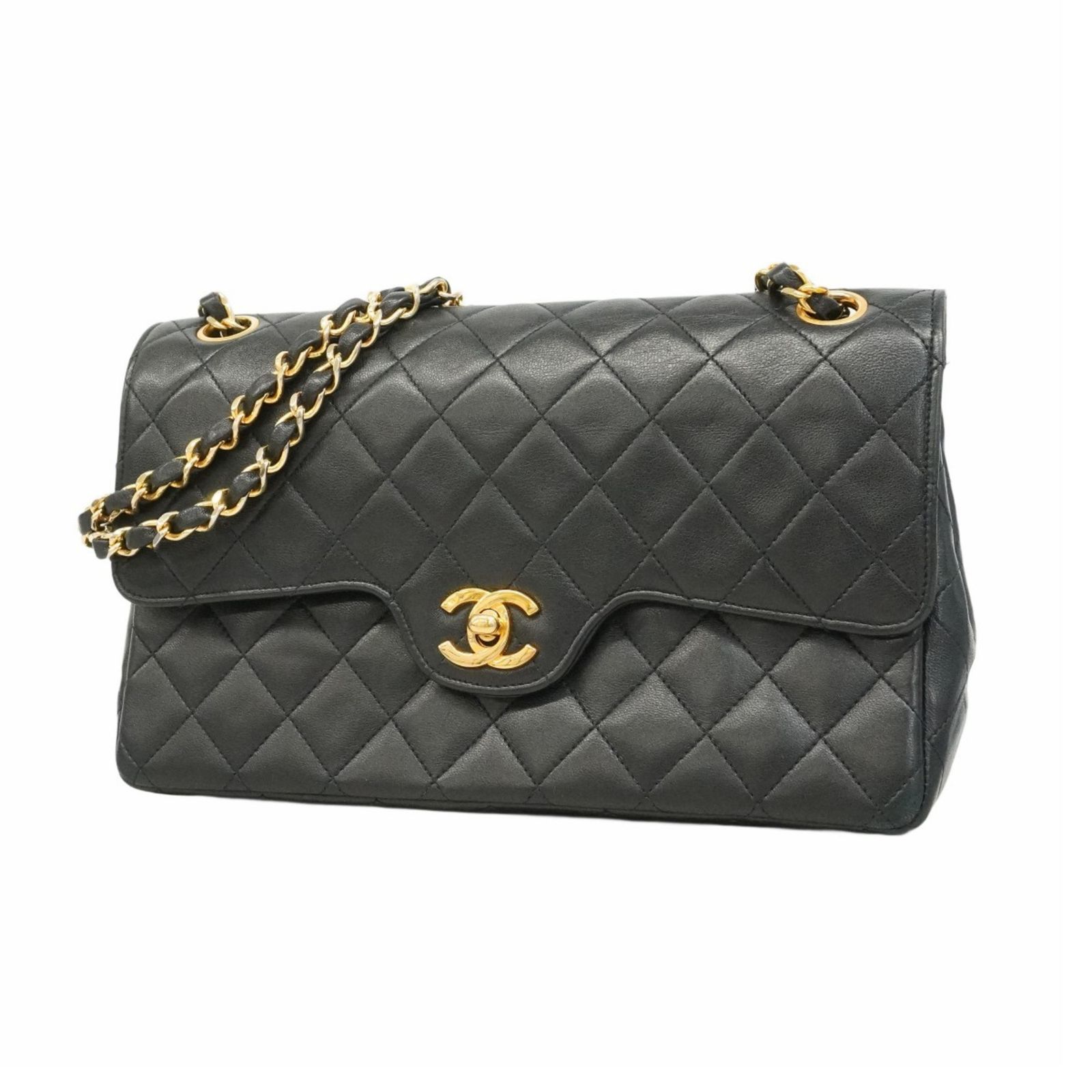 シャネル Chanel シャネル ショルダーバッグ マトラッセ Wフラップ Wチェーン ラムスキン ブラック レディース