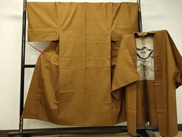平和屋着物●男性 紬 アンサンブル 黄唐茶色 キングサイズ 正絹 DAAS2371tw