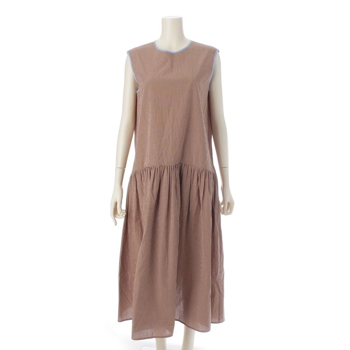 ヨリ コットン パイピングデザイン チェック ノースリーブ ワンピース YR-24-25109K ブラウン 36
