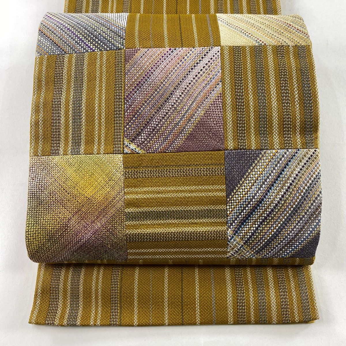 袋帯 秀品 市松市 縞 金銀糸 山吹茶色 お太鼓柄 正絹
