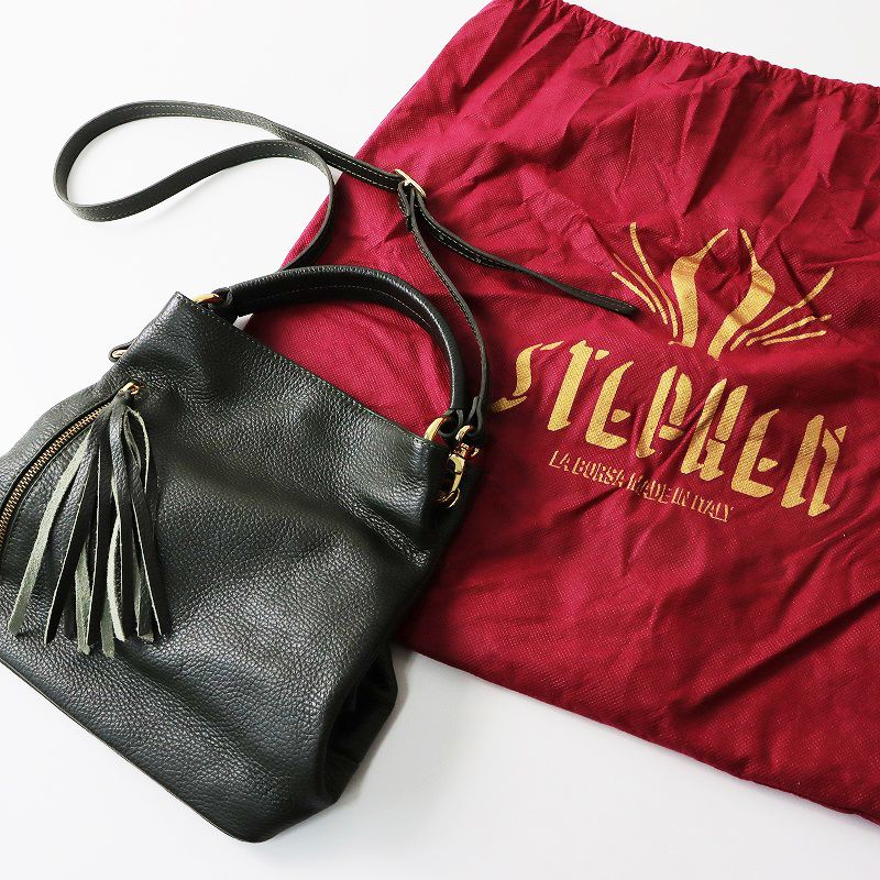 美品 ステファン STEPHEN フリンジ レザー ハンドバッグ /グリーン 
