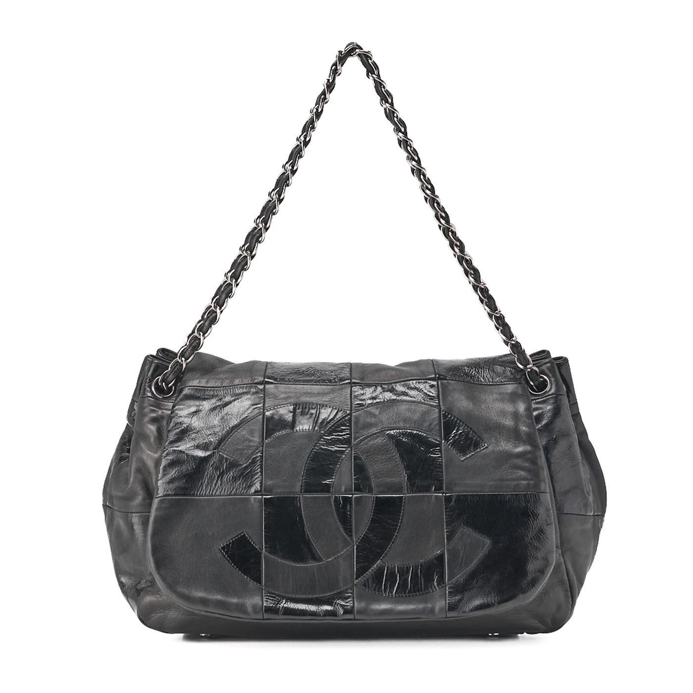 CHANEL シャネル チェーンショルダーバッグ ココマーク パッチワーク フルフラップ ラムスキン×エナメル 黒 シルバー金具 レディース バッグ