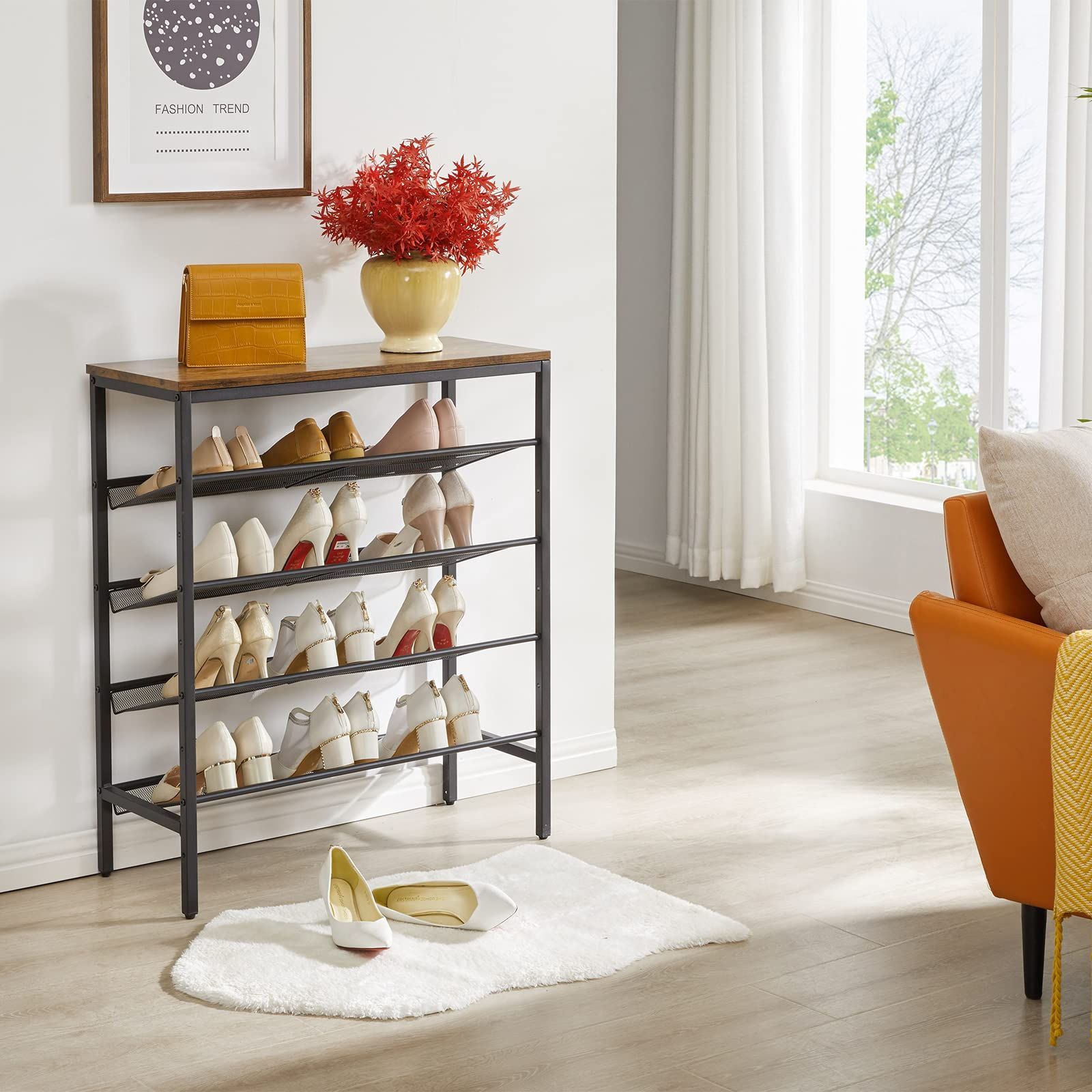 シューズラック 5段 奥行30cm 下駄箱 靴棚 スリッパ棚 玄関ラック メタルメッシュラック スリム 省スペース おしゃれ 木製 木目調 シューズラック 5段 奥行30cm 下駄箱 靴棚 スリッパ棚 玄関ラック