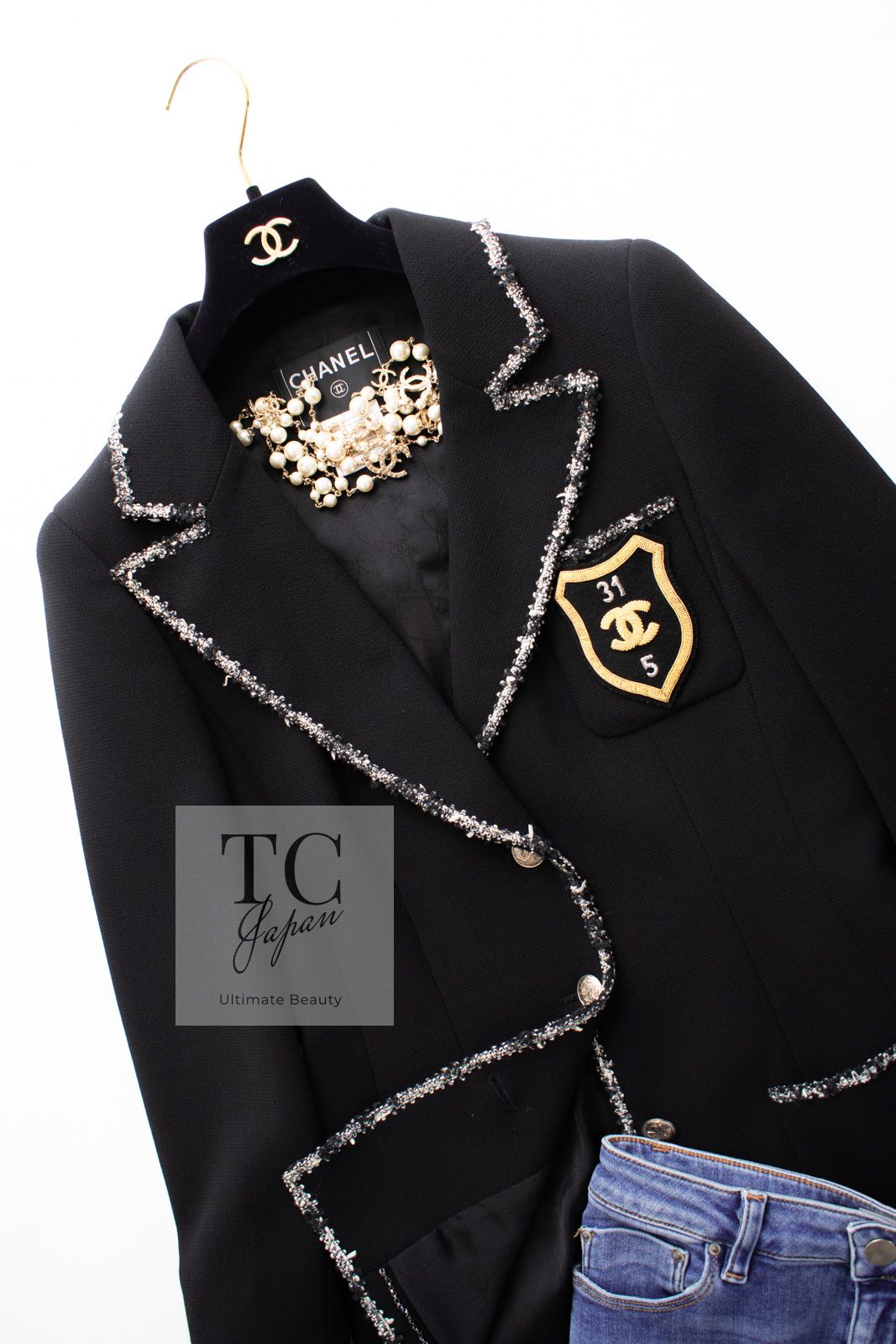 【CCロゴが映える主役ジャケット】CHANEL ジャカードジャケット 極美品 CHANEL シャネル ウール エンブレム ダブル ジャケット