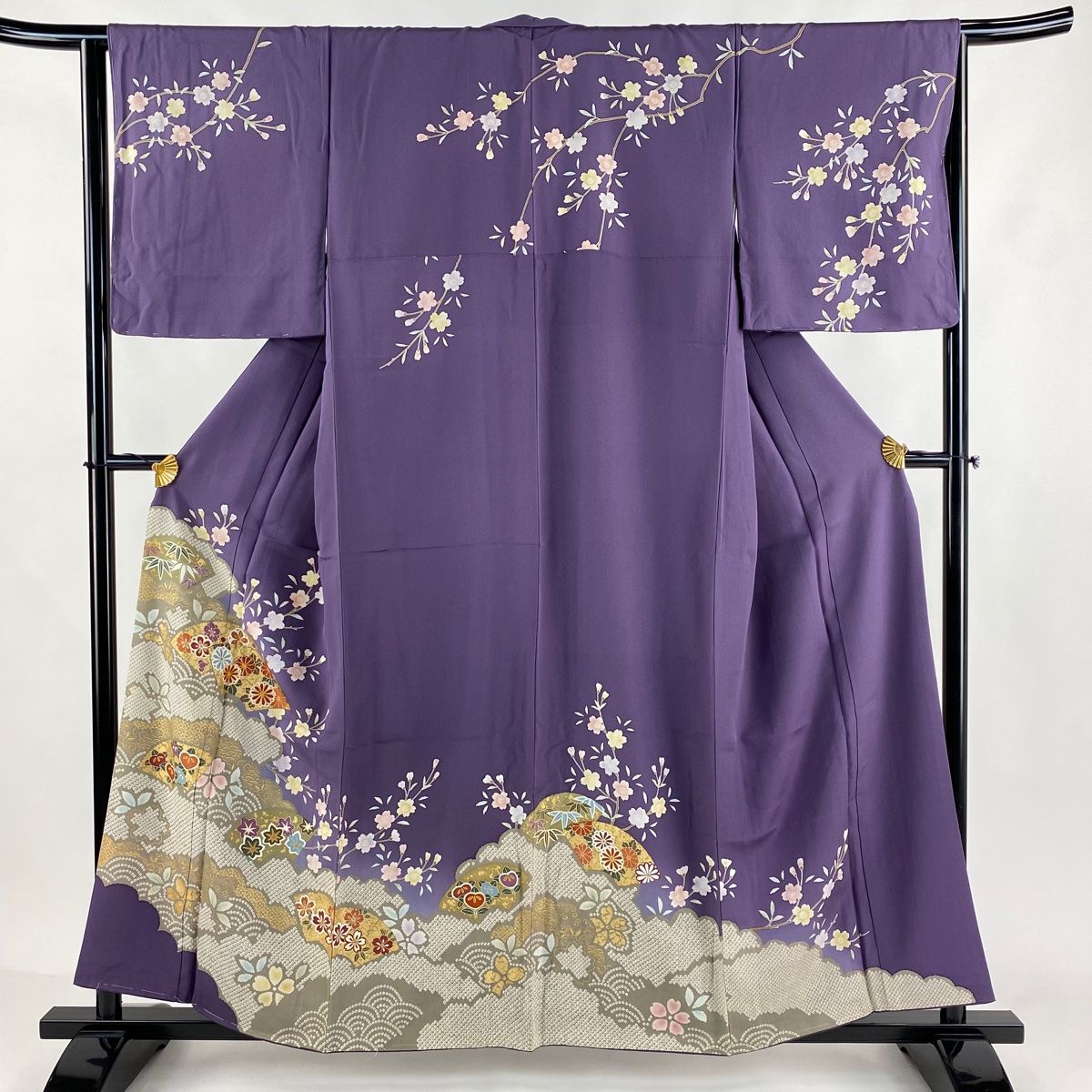 振袖 身丈158cm 裄丈65cm M 袷 松 梅 金彩 ぼかし よもぎ色 正絹 名品 【