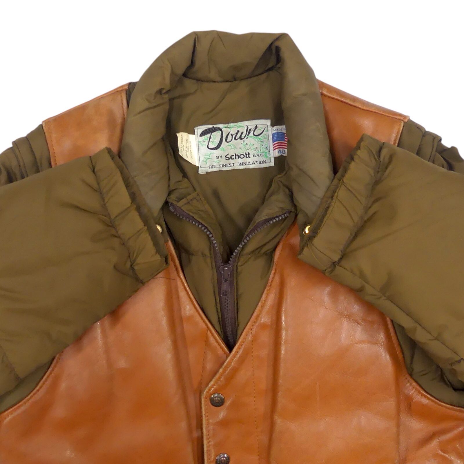 アメリカ製 Schott ショット ダウンジャケット 40 レザー 茶 L 
